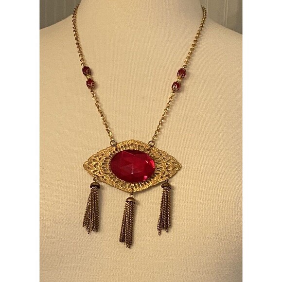 Vintage Art Deco Filigree Red Glass Rhinestone Pendant Necklace Unsigned tassles - Picture 1 of 10